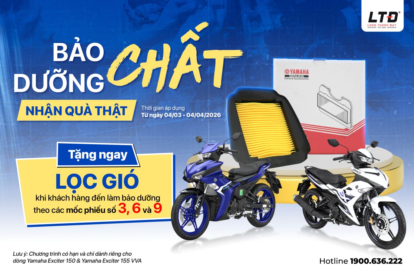 Ưu đãi Bảo Dưỡng Exciter 155, Exciter 150 - Tặng ngay Lọc gió Miễn Phí